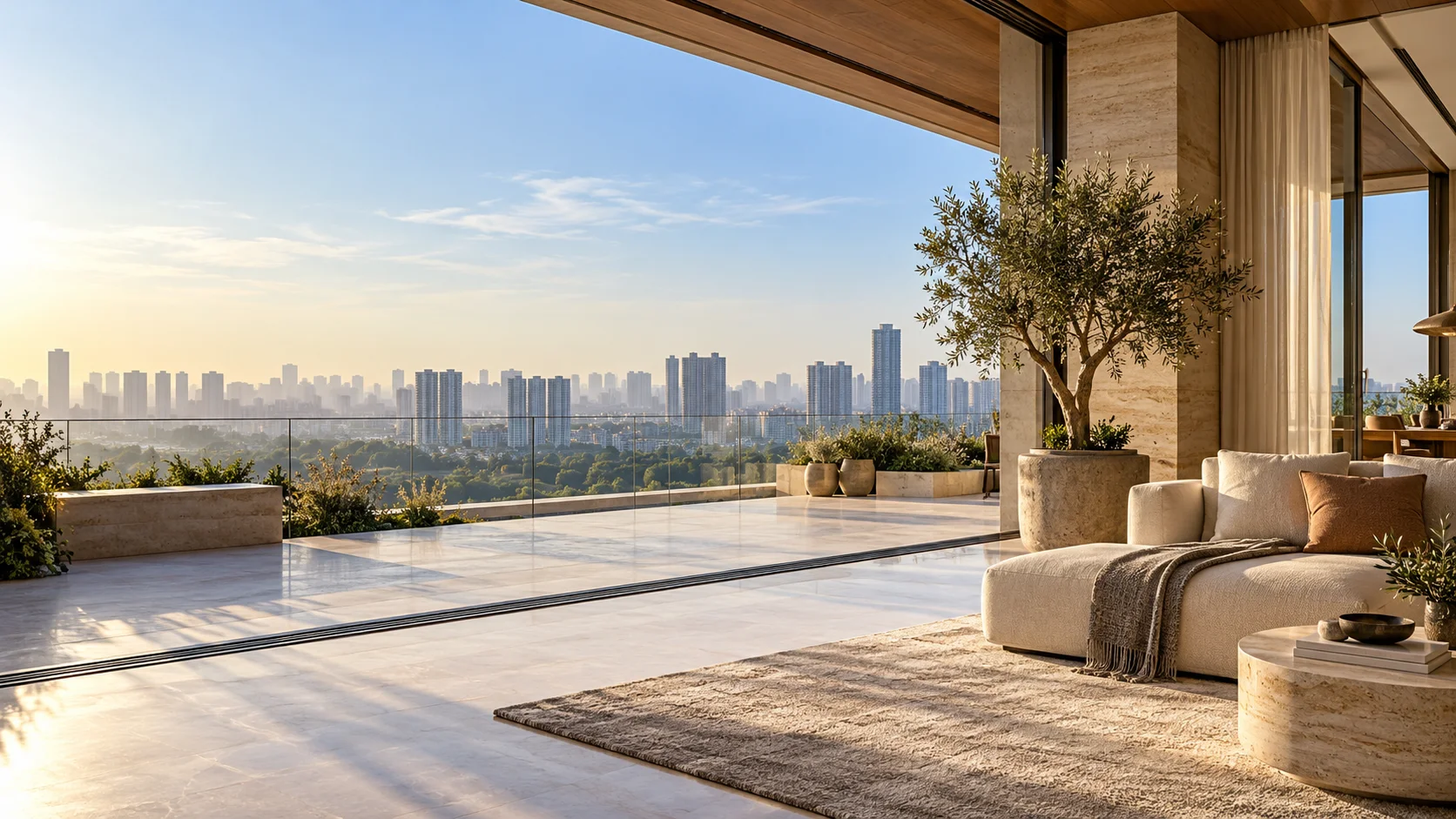Illustrative quiet penthouse overlooking a city